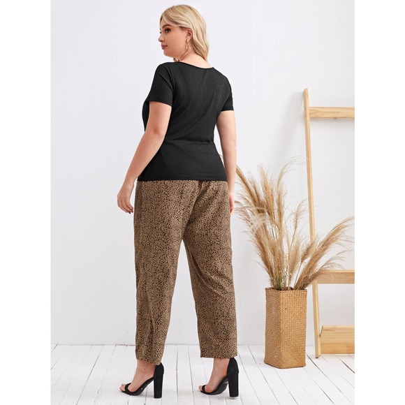 Plus Rib knit Top Belted Allover Print Pants Set - Picture 3 of 3